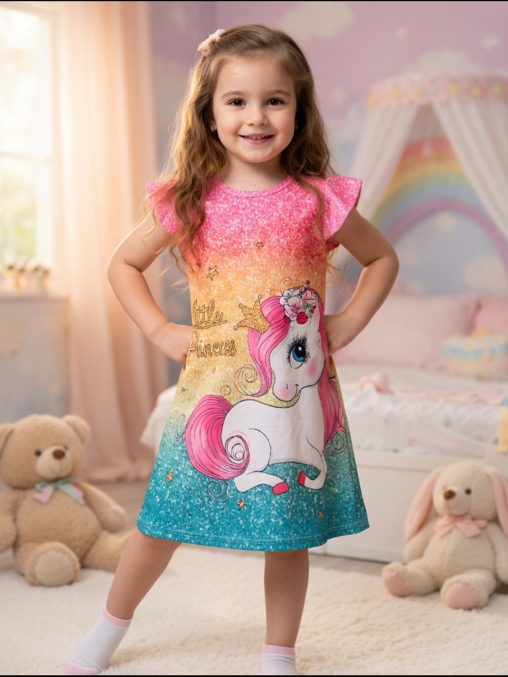 SHEIN Pink Yellow Teal Gradient Little Princess Unicorn Nightgown